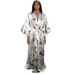 Elegant Oriental Ivory Floral Satin Kimono Robe